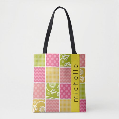 Patchwork Zigzag Polka Dots Gingham Your Name Tote Bag