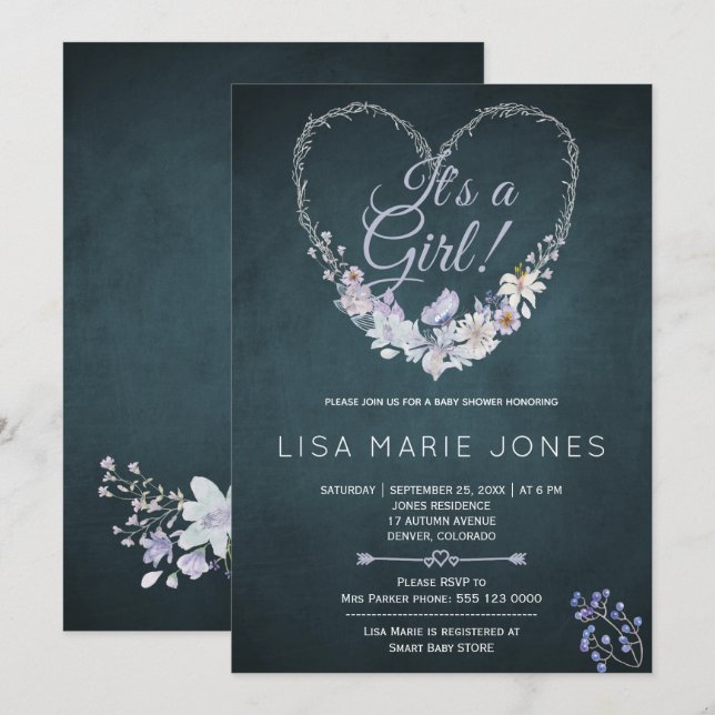 Patel blooms heart wreath navy blue baby shower invitation (Front/Back)