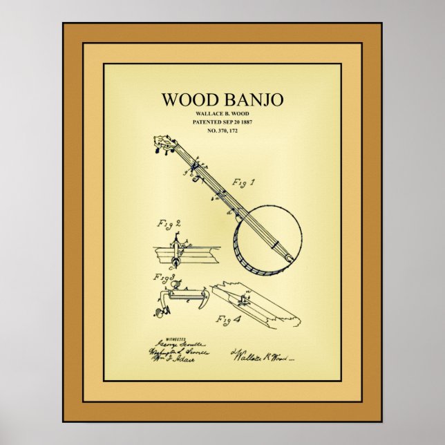 Patent Drawing ~ Wallace B. Wood ~ Wood Banjo ~ Poster (Front)