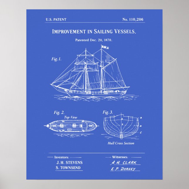 Patent Sailing Vessel Blueprint Poster (Front)