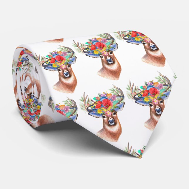 Paterna Flower Reindeer Christmas Magic Neck Tie (Rolled)