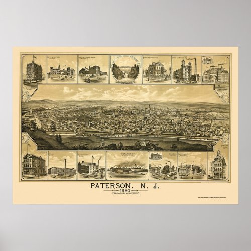 Paterson NJ Panoramic Map _ 1880 Poster