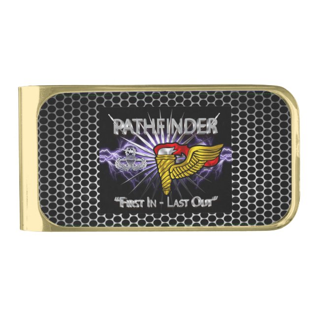 Pathfinder Badge-“First In Last Out” Camo Gold Finish Money Clip (Front)