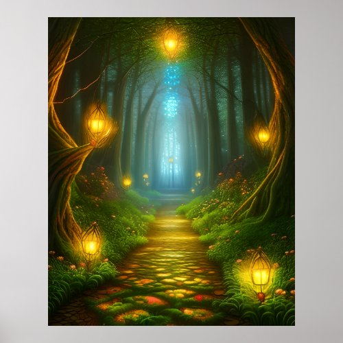 Pathway Through Enchanted Forest Fantasy Art Poster