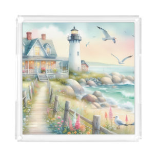 Pathway to the Lighthouse Coastal Cottage Acrylic Tray