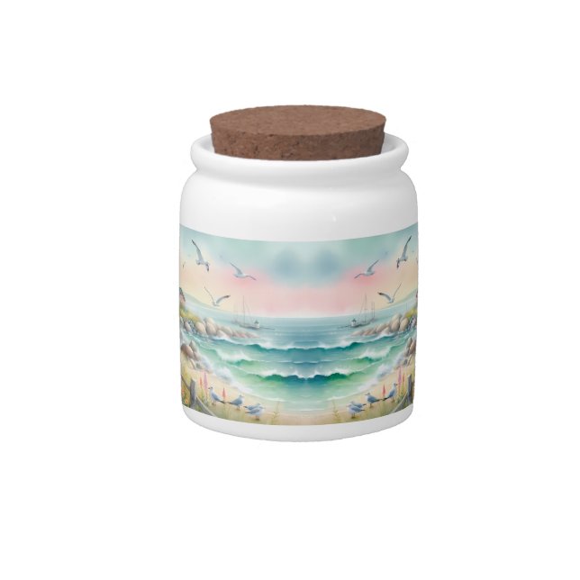 Pathway to the Lighthouse Coastal Cottage Candy Jar (Front)