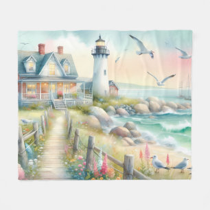 Pathway to the Lighthouse Coastal Cottage Fleece Blanket
