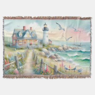 Pathway to the Lighthouse Coastal Cottage Throw Blanket