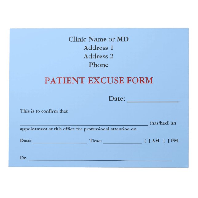 Patient Excuse Form Notepad (Blue) (Front)