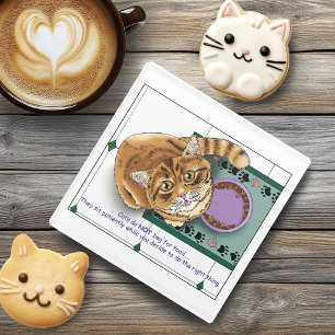 Patient Orange Funny Cat Food Humor Green White Glass Coaster
