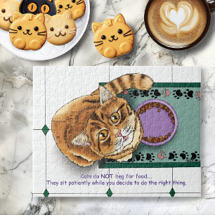Patient Orange Funny Cat Food Humor Green White Jigsaw Puzzle
