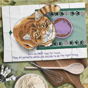 Patient Orange Funny Cat Food Humor Green White Kitchen Towel