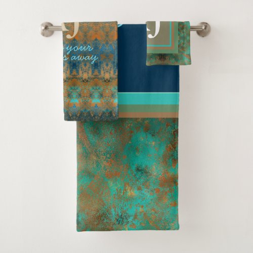 Patina _ blue teal rusty custom text and Monogram Bath Towel Set