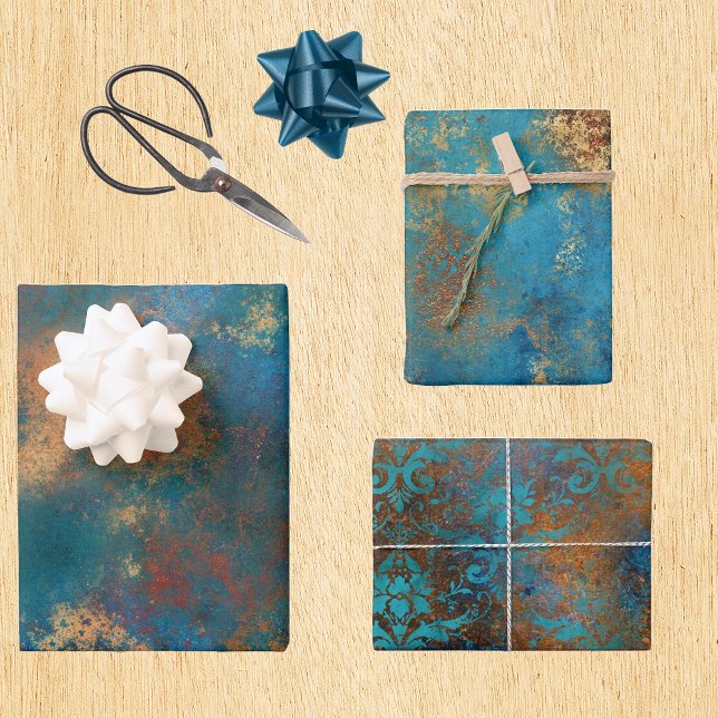 Patina Copper Turquoise Floral Distressed  Wrapping Paper Sheets (Creator Uploaded)