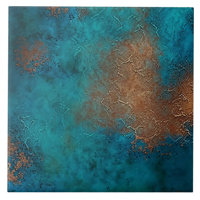 Patina Copper Turquoise Rust Ceramic Tile (Front)