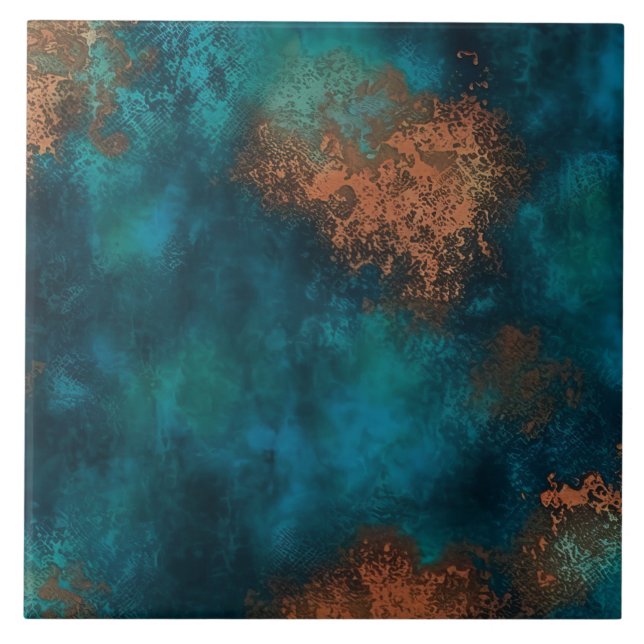 Patina Copper Turquoise Rust Ceramic Tile (Front)