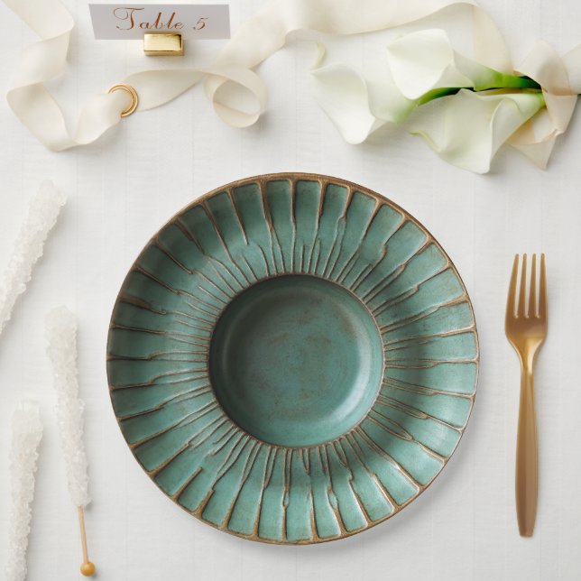 Patina Green & Antique Gold Pottery-Inspired Paper Plates (Wedding)
