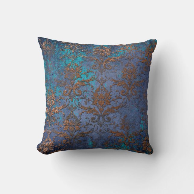 Patina Scroll Work Flowers on Purple Throw Pillow (Front)