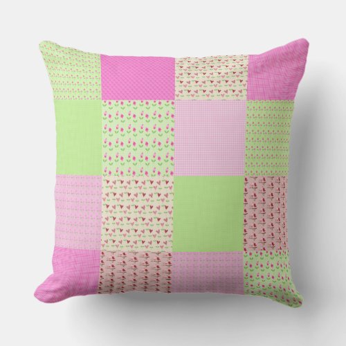 Patio Pillow Candy Pink Green Ditsy Patchwork