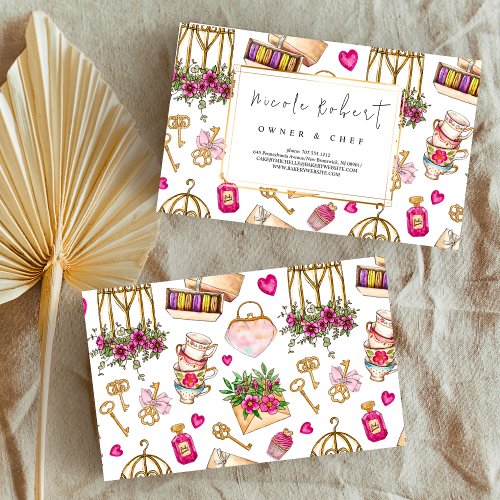Patisserie Pastry Chef Macaron Dessert floral  Business Card