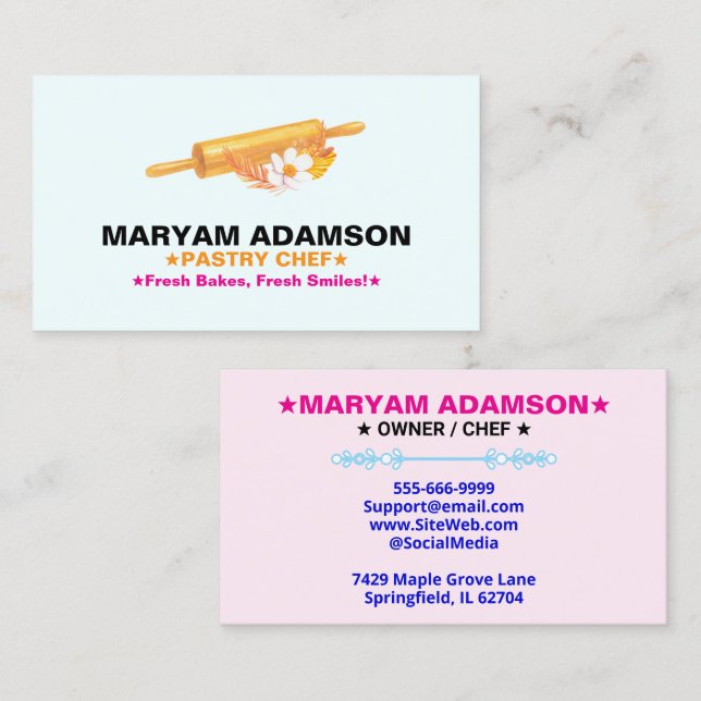 Patisserie Rolling Pin | Floral Bakery Logo Slogan Business Card (Front/Back)