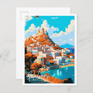 Patmos Greece vintage travel illustration Postcard