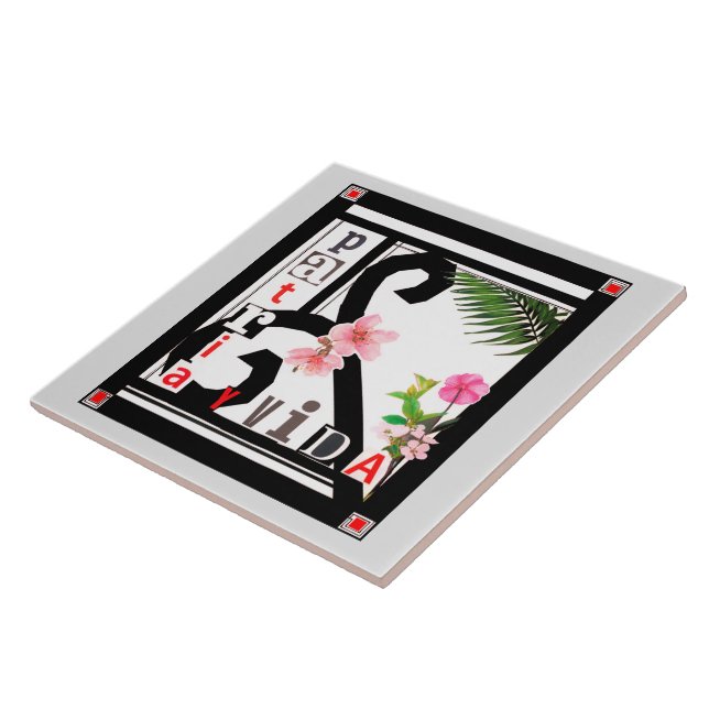 Patria y Vida Black Frame Pink Flowers Ceramic Tile (Side)