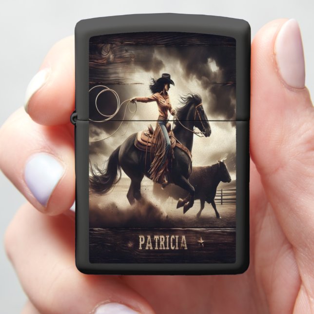Patricia Cowgirl Lassoing in the Dust Zippo Lighter (In Hand)