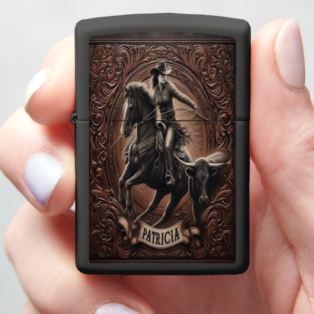 Patricia Cowgirl Riding Horse and Steer Zippo Lighter (In Hand)