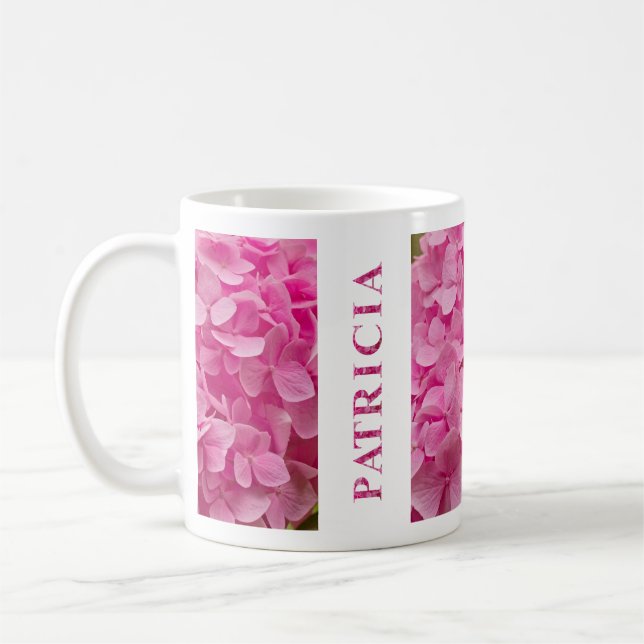 PATRICIA Name and Pink Spring Hydrangea Flower Coffee Mug (Left)