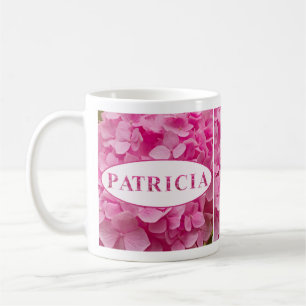 PATRICIA Name in Pink Hydrangea Floral Lettering Coffee Mug