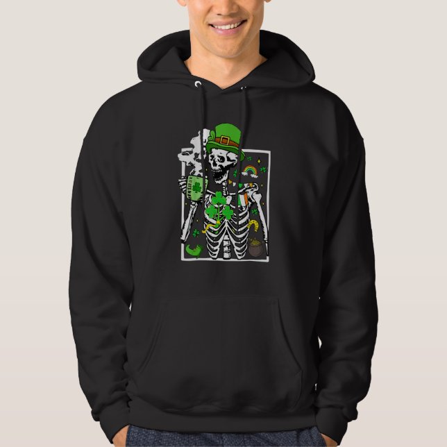 Patrick's Day Skeleton Shamrock Skull Drinking Cof Hoodie (Front)