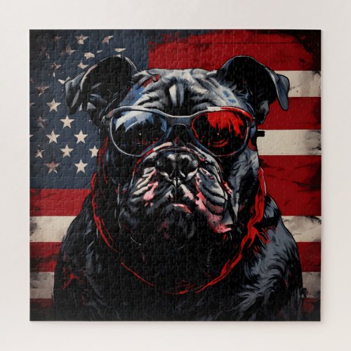 Patriot Bulldog with American Flag 4th of July  Jigsaw Puzzle