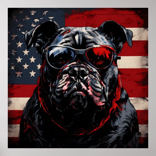 Patriot Bulldog with American Flag 4th of July  Poster