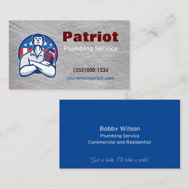 Patriot Contractor Plumbing Service Chrome Design Business Card (Front/Back)