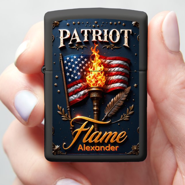 Patriot Flame Torch Quill Flag Case Zippo Lighter (In Hand)
