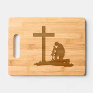 Patriot Kneeling Before The Cross Engraved Cutting Board