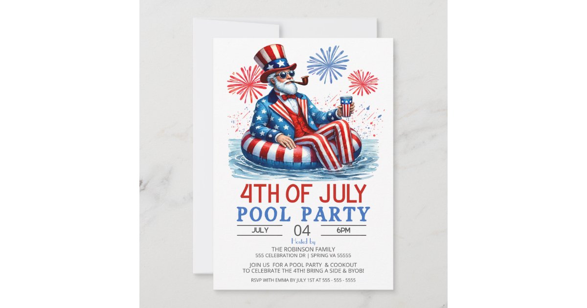 Patriot red white and blue 4th of July Pool Party Invitation | Zazzle