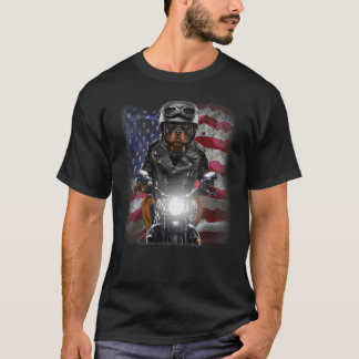Patriot Rottweiler Dog on Motorcycle with Flag of T-Shirt