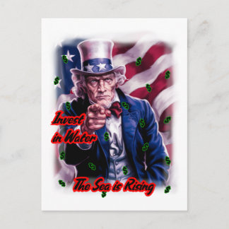 Patriot Uncle Sam says: "Invest in water" on a Holiday Postcard