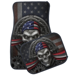 Patriot, USA, skull, gears, metallic, crazy Car Floor Mat