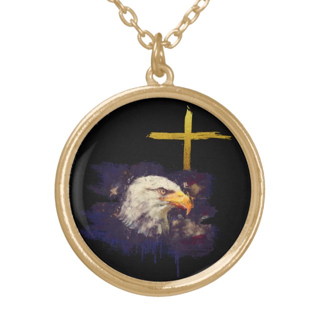 *~* Patriot Veteran Christian Eagle Cross AP16  Gold Plated Necklace (Front)