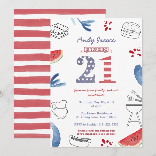Patriotic 21st Birthday Party, turning twenty one Invitation (Front/Back)