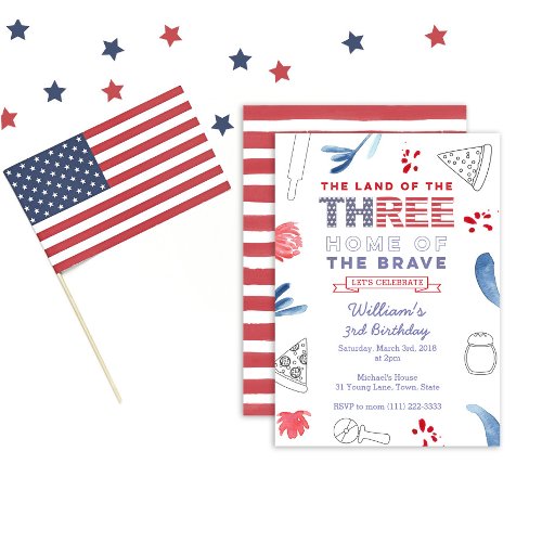 Patriotic 3rd Birthday Pizza Party Invitation