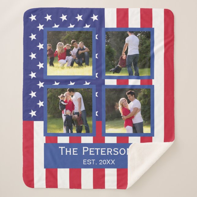 Patriotic 4 Photo Collage American Flag Monogram M Sherpa Blanket (Front)