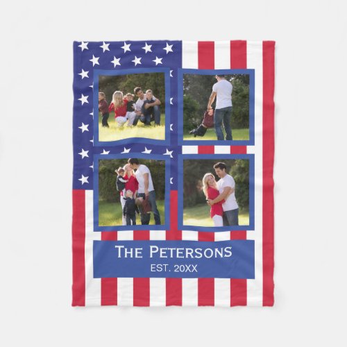 Patriotic 4 Photo Collage American Flag Monogram S Fleece Blanket