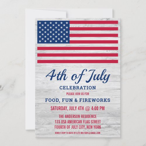 Patriotic 4th Fourth of July Party American Flag Invitation - USA American Flag 4th of July Party Invitations. Invite friends and family to your patriotic fourth of July celebration with these modern American Flag on gray wood invitations. Personalize this american flag invitation with your event, name, and party details.
See our collection for matching patriotic 4th of July gifts ,party favors, and supplies. COPYRIGHT © 2021 Judy Burrows, Black Dog Art - All Rights Reserved. Patriotic 4th Fourth of July Party American Flag Invitation