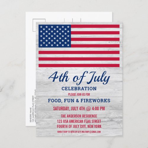 Patriotic 4th Fourth of July Party American Flag Invitation Postcard - USA American Flag 4th of July Party Invitations. Invite friends and family to your patriotic fourth of July celebration with these modern American Flag on gray wood invitations. Personalize this american flag invitation with your event, name, and party details.
See our collection for matching patriotic 4th of July gifts ,party favors, and supplies. COPYRIGHT © 2021 Judy Burrows, Black Dog Art - All Rights Reserved. Patriotic 4th Fourth of July Party American Flag Invitation Postcard
