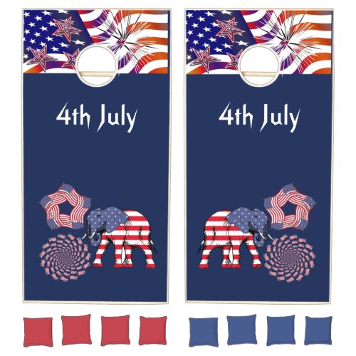 Patriotic 4th July American Flag Elephant Blue Cornhole Set