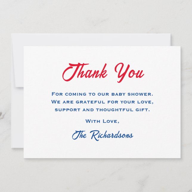 Patriotic 4th July Red White And Due Baby Shower Thank You Card (Front)
